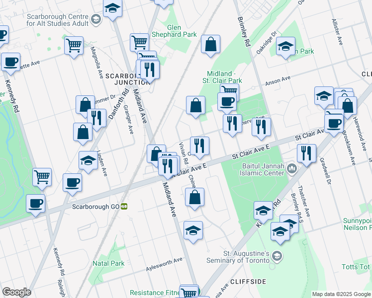 map of restaurants, bars, coffee shops, grocery stores, and more near 25 Vivian Road in Toronto