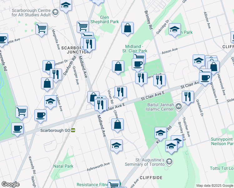 map of restaurants, bars, coffee shops, grocery stores, and more near 68 Olga Street in Toronto