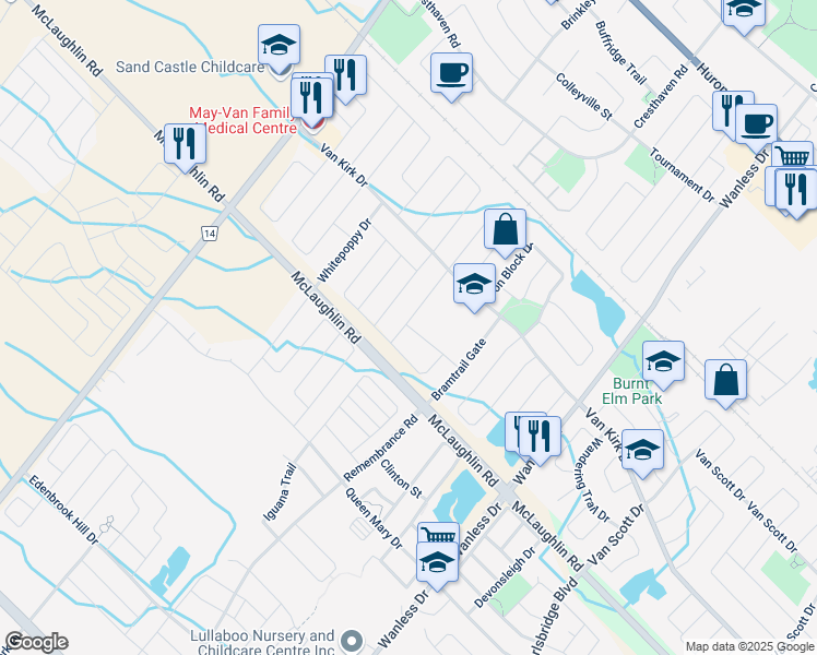map of restaurants, bars, coffee shops, grocery stores, and more near 30 Perkins Drive in Brampton