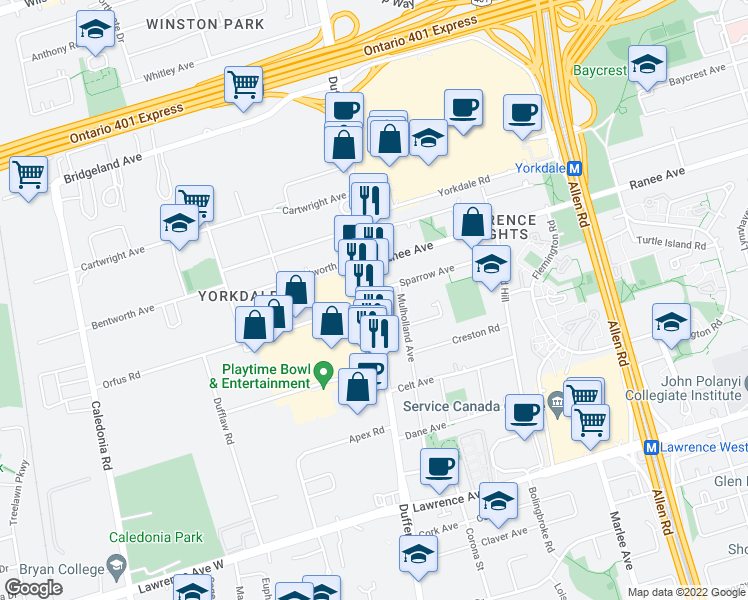 map of restaurants, bars, coffee shops, grocery stores, and more near 3253 Dufferin Street in Toronto