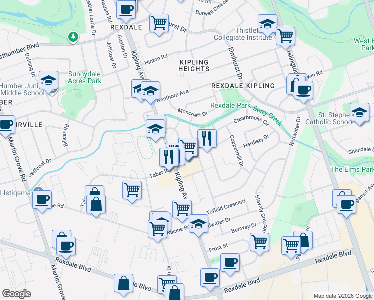map of restaurants, bars, coffee shops, grocery stores, and more near 3 Snaresbrook Drive in Toronto