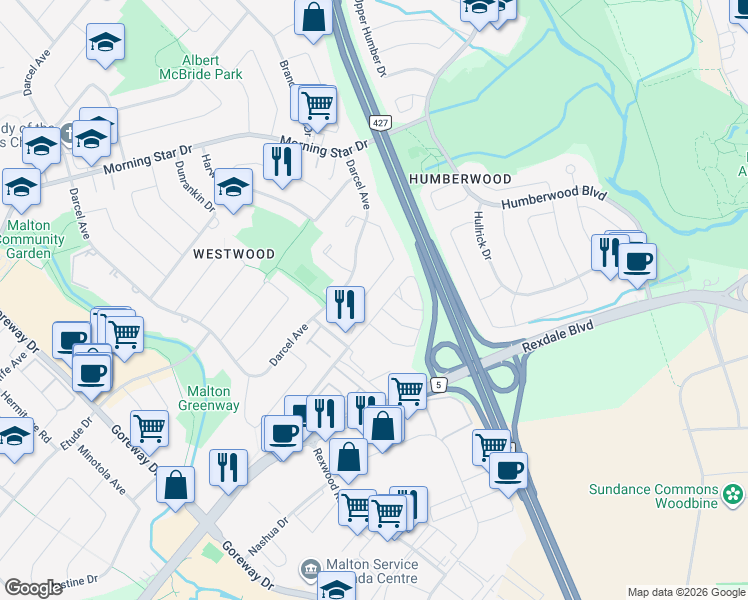 map of restaurants, bars, coffee shops, grocery stores, and more near 6959 Chigwel Court in Mississauga