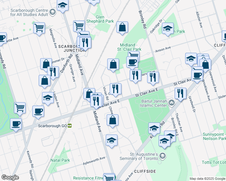 map of restaurants, bars, coffee shops, grocery stores, and more near 70 Olga Street in Toronto