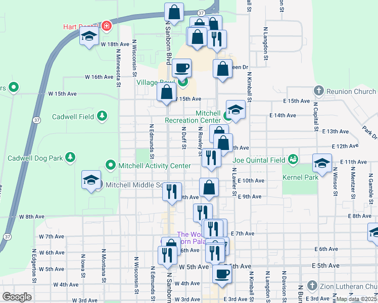 map of restaurants, bars, coffee shops, grocery stores, and more near 219 West 12th Avenue in Mitchell