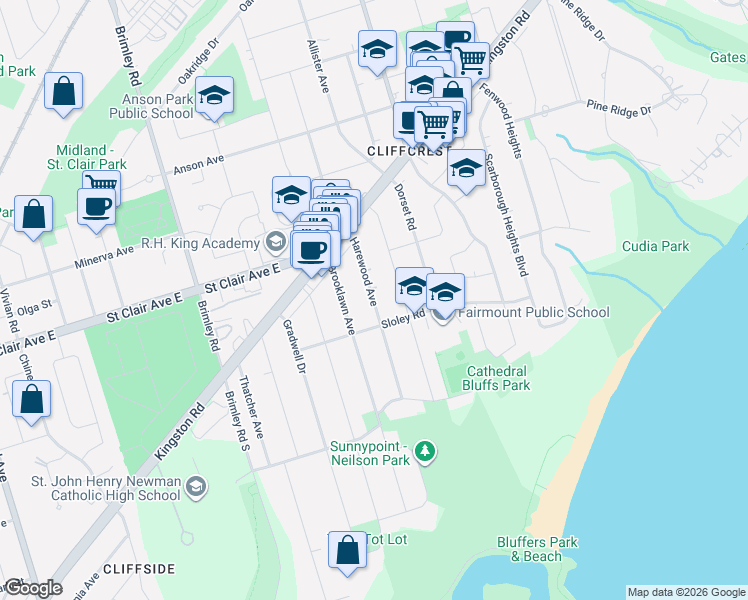 map of restaurants, bars, coffee shops, grocery stores, and more near 61 Harewood Avenue in Toronto