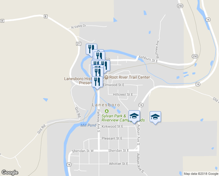 map of restaurants, bars, coffee shops, grocery stores, and more near 100 Kenilworth Avenue South in Lanesboro