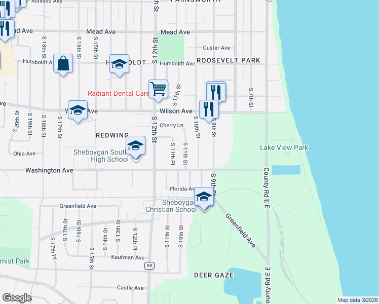 map of restaurants, bars, coffee shops, grocery stores, and more near 3227 South 11th Street in Sheboygan