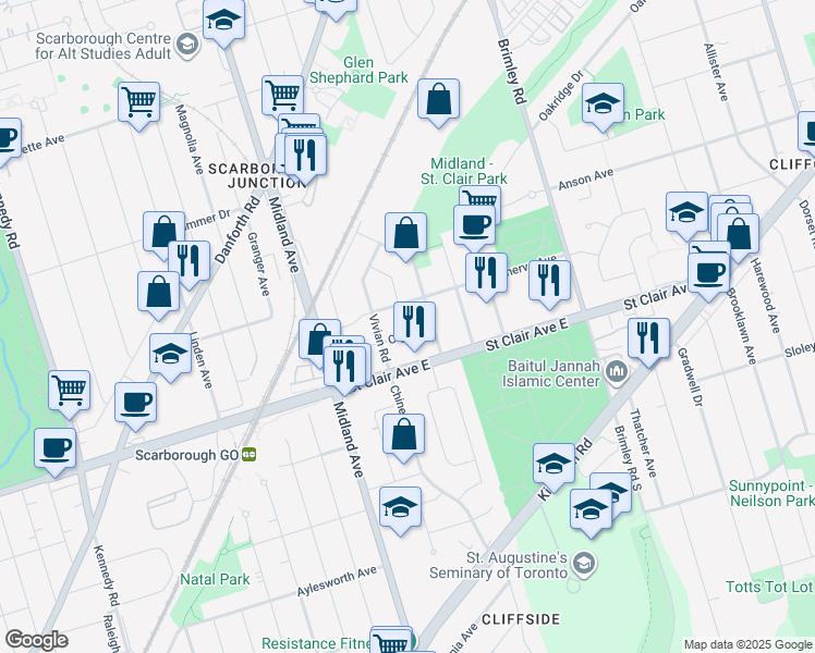 map of restaurants, bars, coffee shops, grocery stores, and more near 72 Olga Street in Toronto