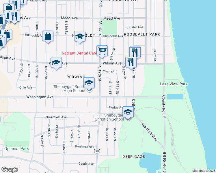 map of restaurants, bars, coffee shops, grocery stores, and more near 3228 South 11th Place in Sheboygan