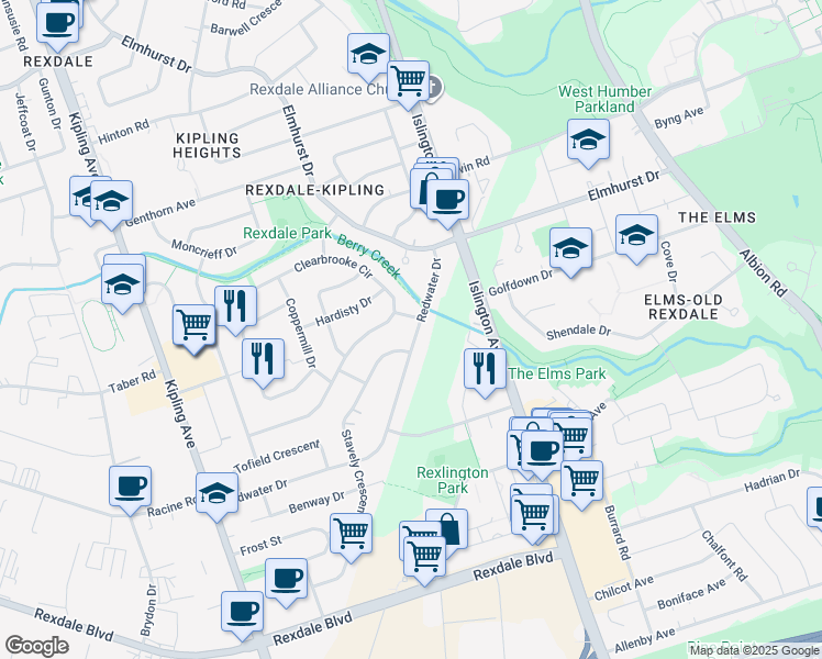map of restaurants, bars, coffee shops, grocery stores, and more near 32 Redwater Drive in Toronto