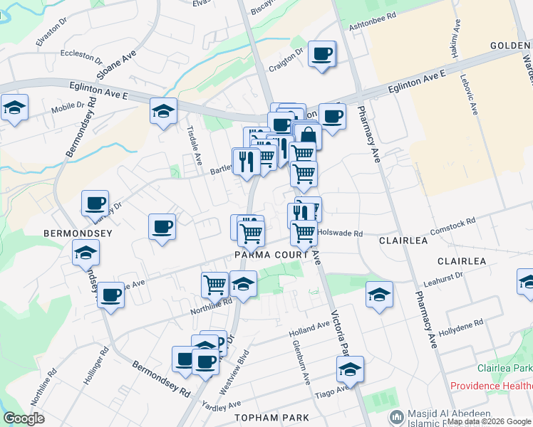 map of restaurants, bars, coffee shops, grocery stores, and more near 1801 O'Connor Drive in Toronto