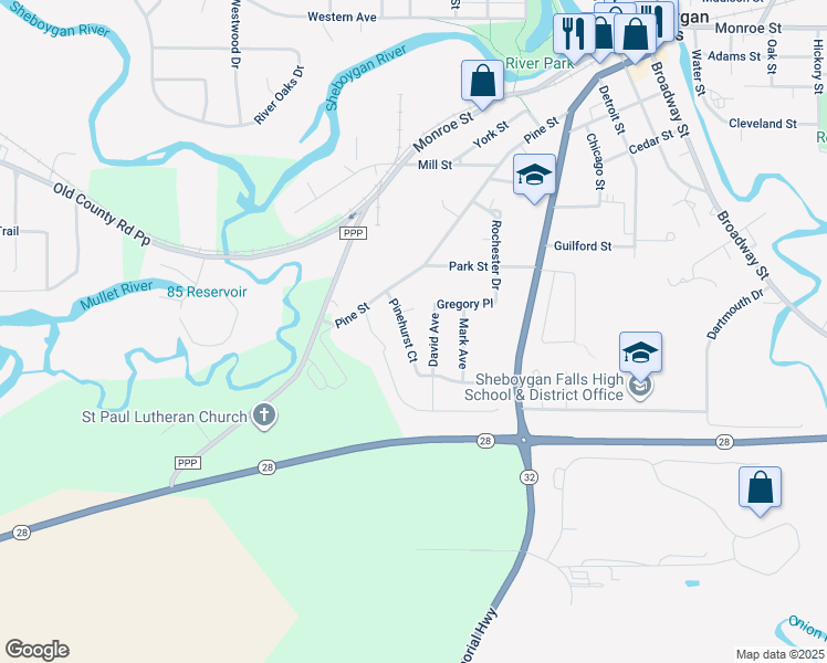 map of restaurants, bars, coffee shops, grocery stores, and more near 610 Pinehurst Court in Sheboygan Falls
