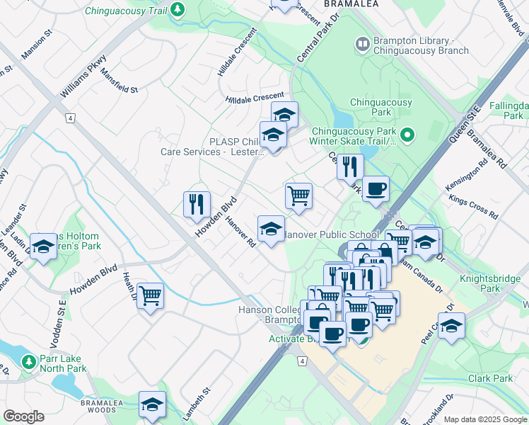 map of restaurants, bars, coffee shops, grocery stores, and more near 22 Hedgeson Court in Brampton