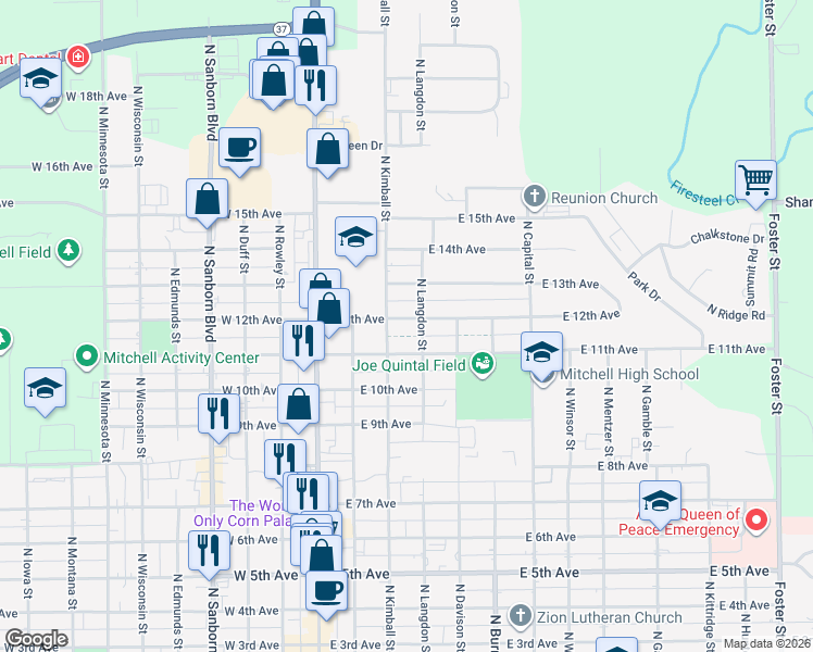 map of restaurants, bars, coffee shops, grocery stores, and more near 313 East 12th Avenue in Mitchell
