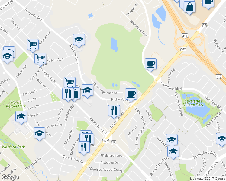 map of restaurants, bars, coffee shops, grocery stores, and more near 21 Upper Highlands Drive in Brampton