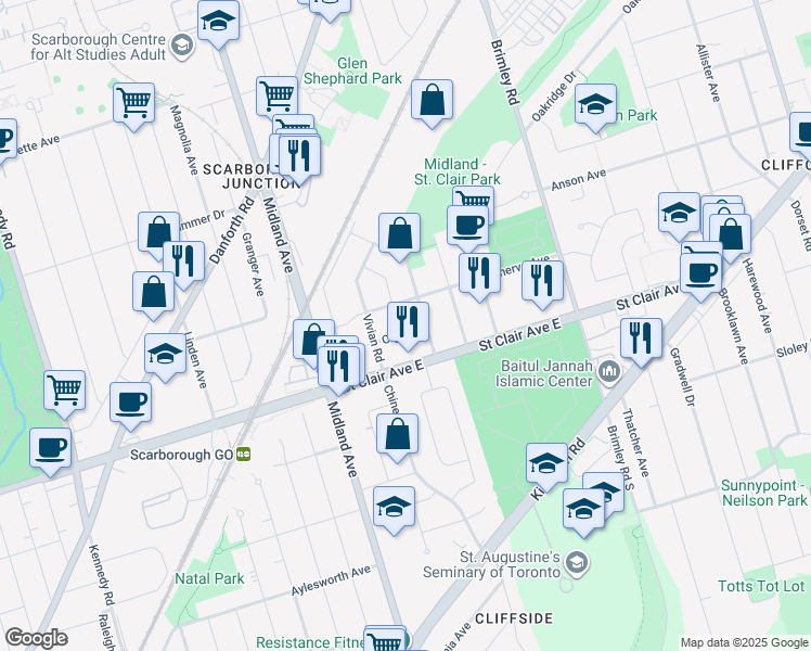 map of restaurants, bars, coffee shops, grocery stores, and more near 74 Olga Street in Toronto