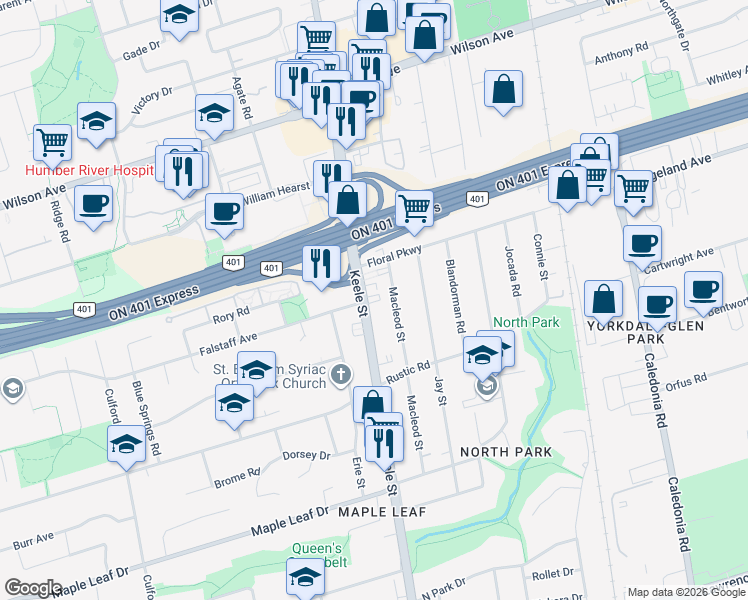 map of restaurants, bars, coffee shops, grocery stores, and more near 2625 Keele Street in Toronto