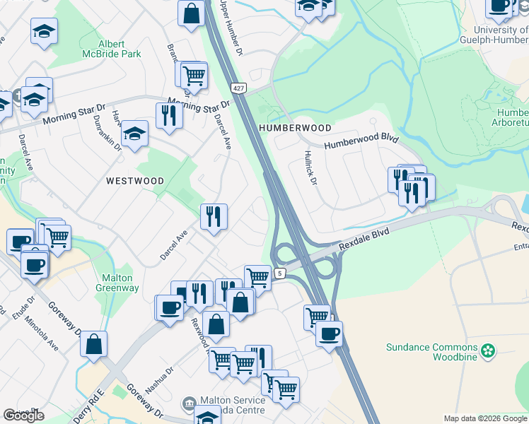 map of restaurants, bars, coffee shops, grocery stores, and more near 7115 Rexwood Road in Mississauga