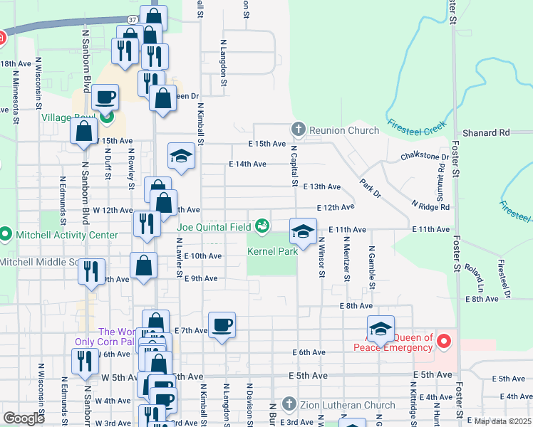 map of restaurants, bars, coffee shops, grocery stores, and more near 1123 North Burr Street in Mitchell