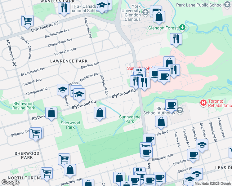 map of restaurants, bars, coffee shops, grocery stores, and more near 536 Blythwood Road in Toronto
