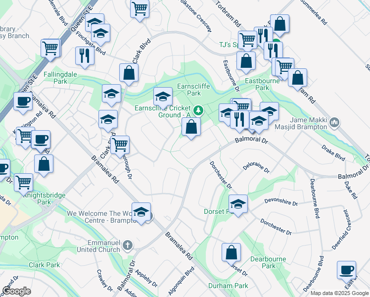 map of restaurants, bars, coffee shops, grocery stores, and more near 55 Epsom Downs Drive in Brampton