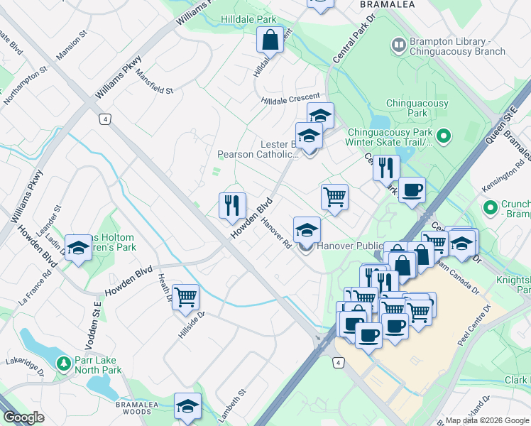 map of restaurants, bars, coffee shops, grocery stores, and more near 15 Heatherside Court in Brampton