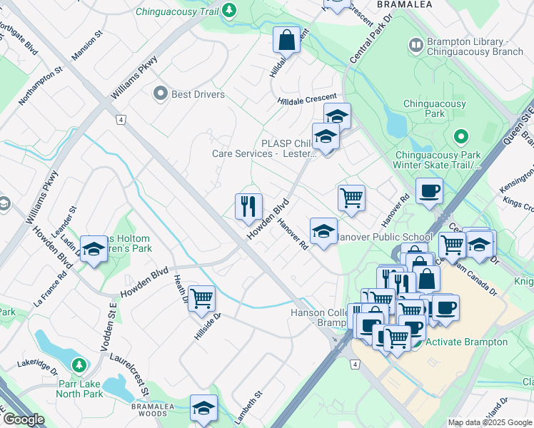 map of restaurants, bars, coffee shops, grocery stores, and more near 41 Hillbank Trail in Brampton