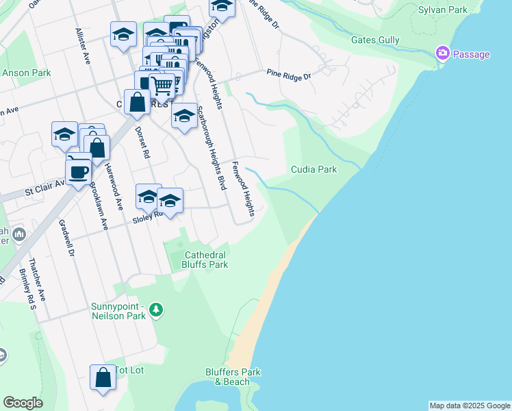 map of restaurants, bars, coffee shops, grocery stores, and more near 5 Fenwood Heights in Toronto