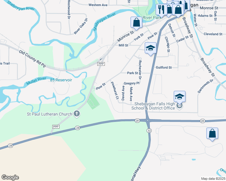 map of restaurants, bars, coffee shops, grocery stores, and more near 610 Pinehurst Court in Sheboygan Falls