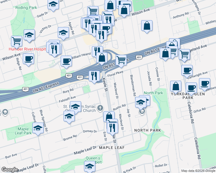 map of restaurants, bars, coffee shops, grocery stores, and more near 2637 Keele Street in Toronto