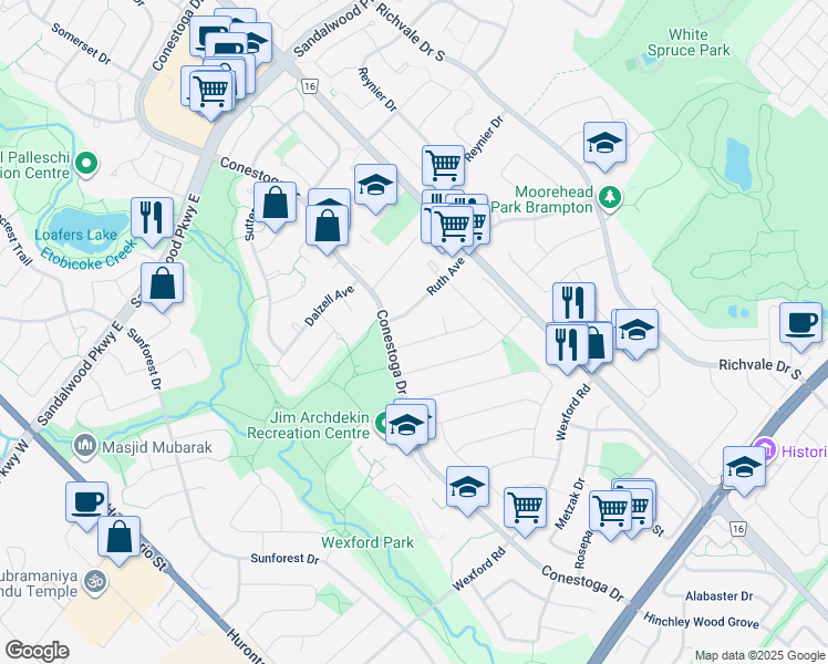 map of restaurants, bars, coffee shops, grocery stores, and more near in Brampton
