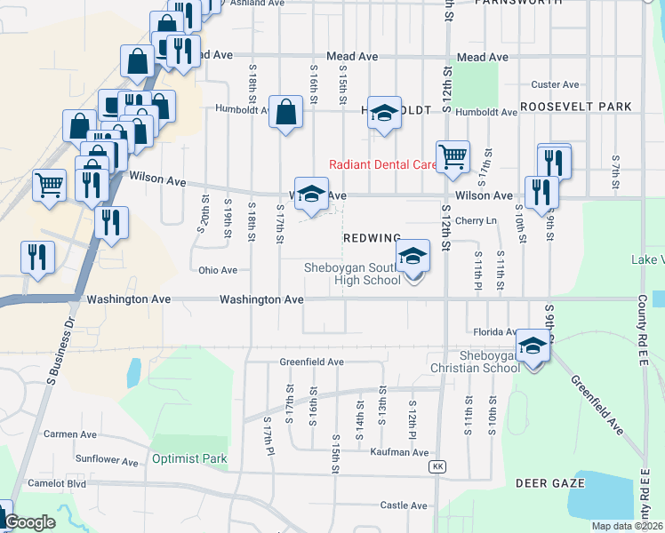 map of restaurants, bars, coffee shops, grocery stores, and more near 1545 Ohio Avenue in Sheboygan