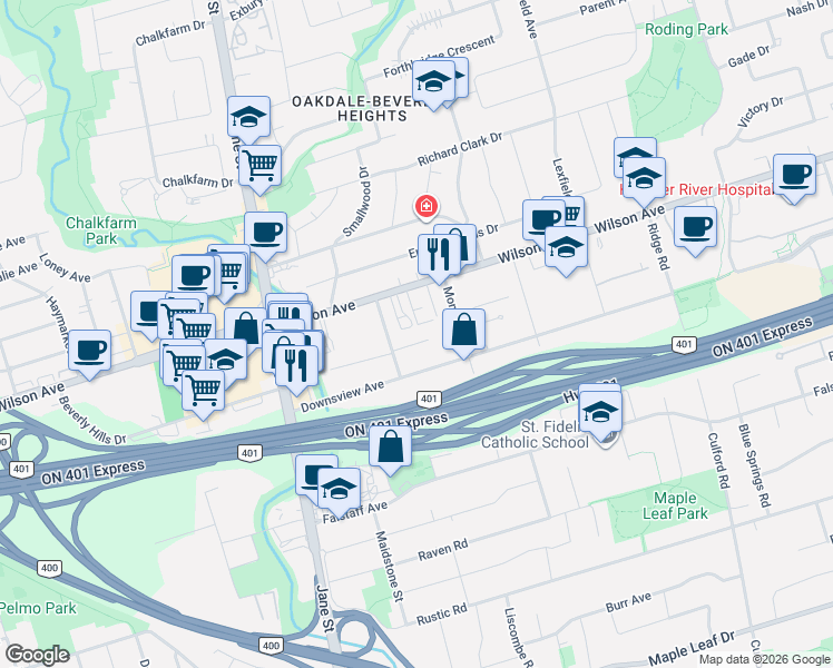 map of restaurants, bars, coffee shops, grocery stores, and more near 19 Lantos Court in Toronto