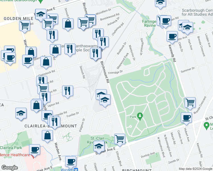 map of restaurants, bars, coffee shops, grocery stores, and more near 680 Birchmount Road in Toronto