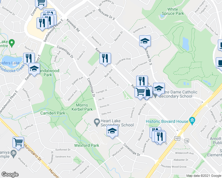 map of restaurants, bars, coffee shops, grocery stores, and more near 32 Fairlight Street in Brampton