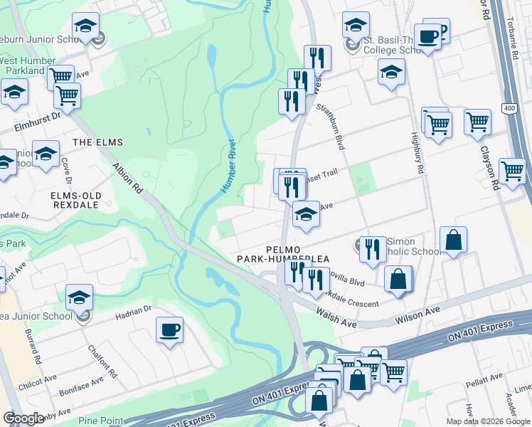 map of restaurants, bars, coffee shops, grocery stores, and more near in Toronto