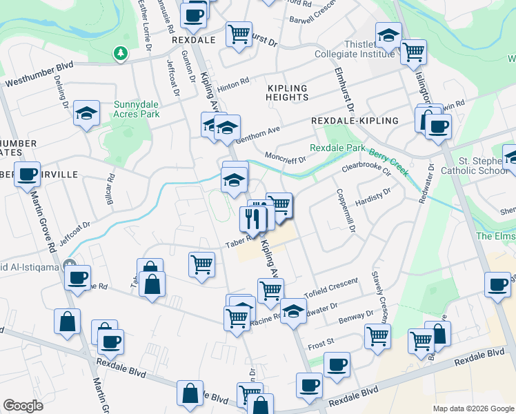 map of restaurants, bars, coffee shops, grocery stores, and more near 2159 Kipling Avenue in Toronto