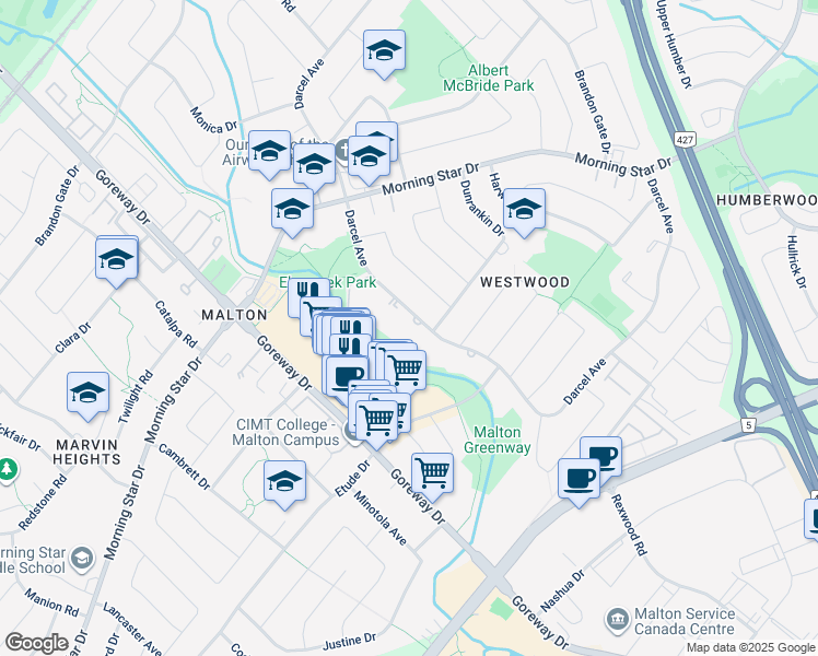 map of restaurants, bars, coffee shops, grocery stores, and more near 7230 Darcel Avenue in Mississauga