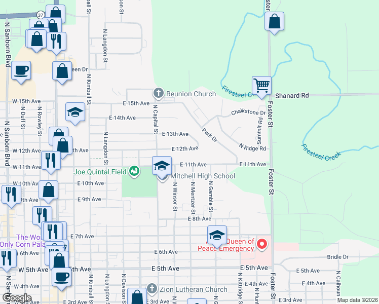 map of restaurants, bars, coffee shops, grocery stores, and more near 905 East 12th Avenue in Mitchell