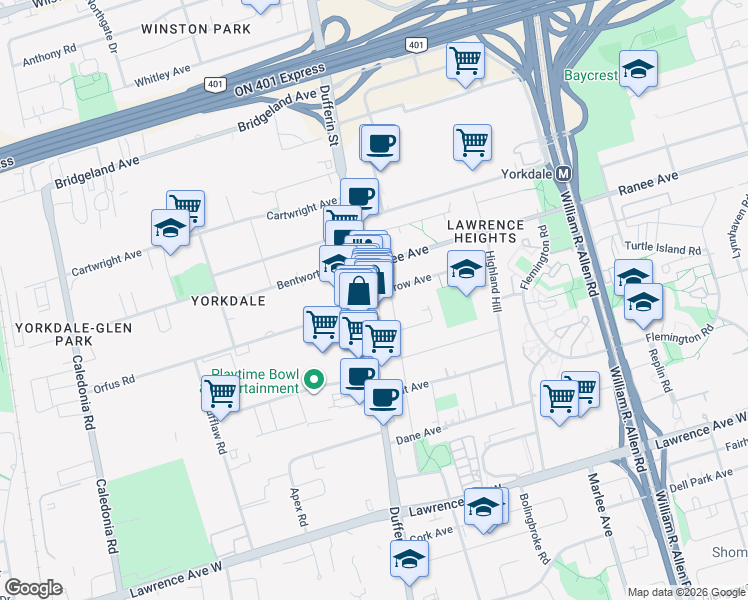 map of restaurants, bars, coffee shops, grocery stores, and more near 3259 Dufferin Street in Toronto