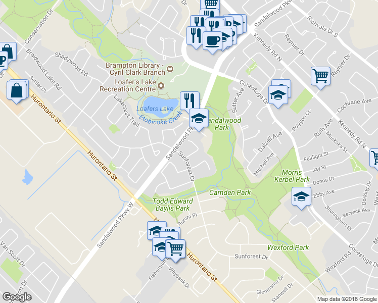map of restaurants, bars, coffee shops, grocery stores, and more near 8 Brower Court in Brampton