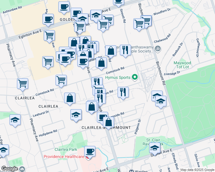 map of restaurants, bars, coffee shops, grocery stores, and more near 21 Malley Road in Toronto