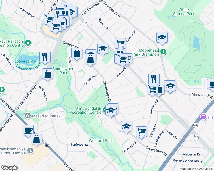 map of restaurants, bars, coffee shops, grocery stores, and more near 2 Ruth Avenue in Brampton