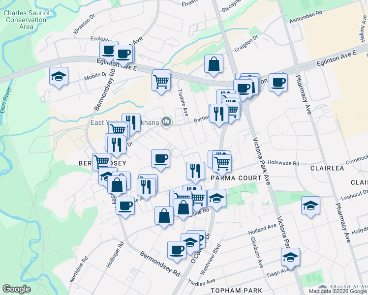 map of restaurants, bars, coffee shops, grocery stores, and more near 6 Collip Place in Toronto