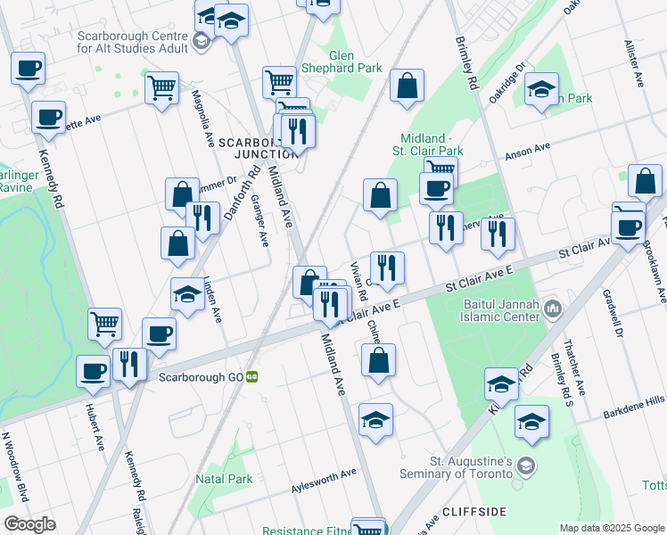 map of restaurants, bars, coffee shops, grocery stores, and more near in Toronto