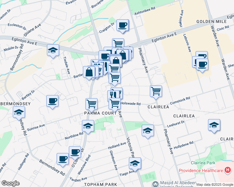 map of restaurants, bars, coffee shops, grocery stores, and more near in Toronto