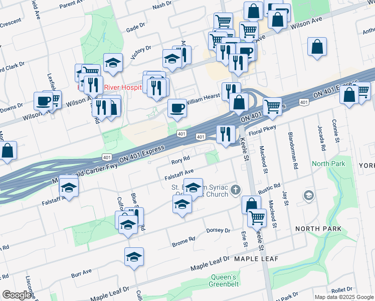 map of restaurants, bars, coffee shops, grocery stores, and more near 104 Rory Road in Toronto