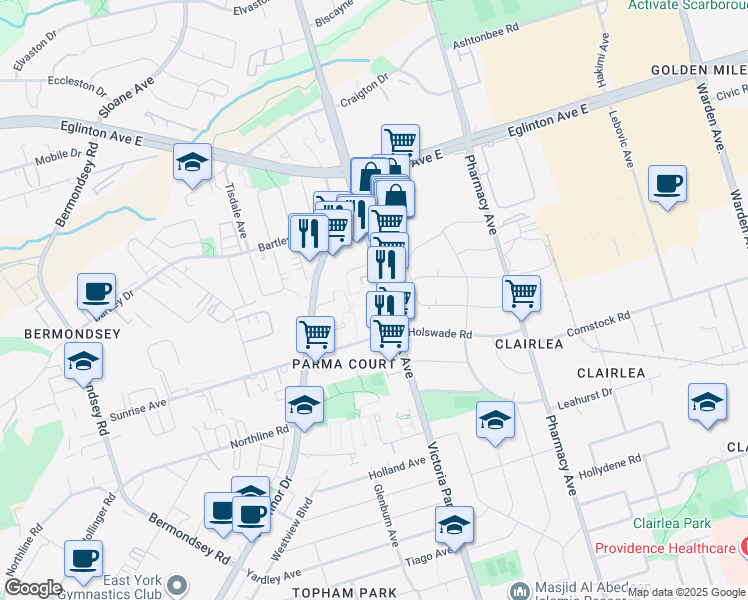 map of restaurants, bars, coffee shops, grocery stores, and more near 10 Sunrise Avenue in Toronto
