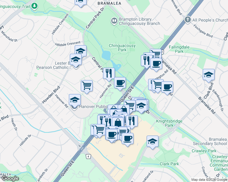 map of restaurants, bars, coffee shops, grocery stores, and more near 2 Hanover Road in Brampton