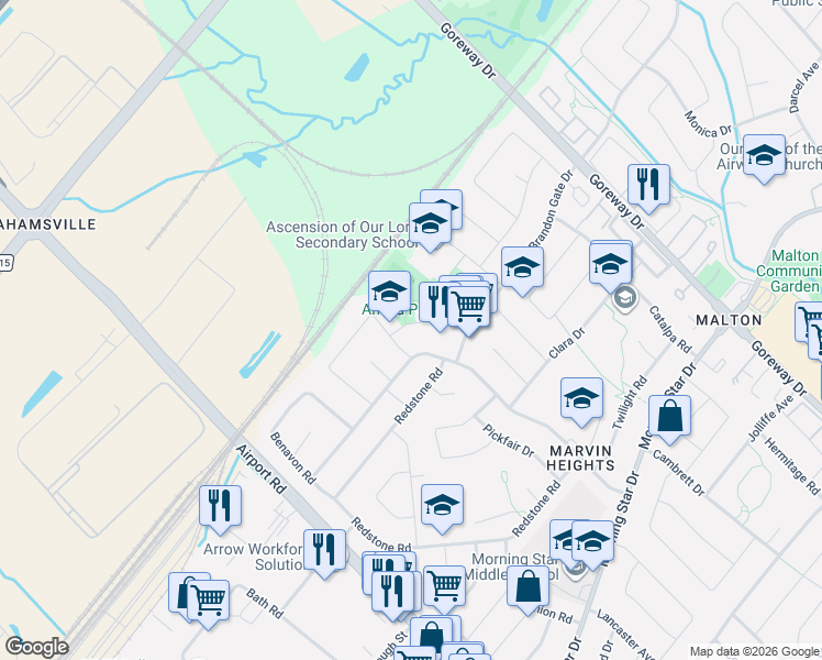 map of restaurants, bars, coffee shops, grocery stores, and more near 7653 Priory Crescent in Mississauga